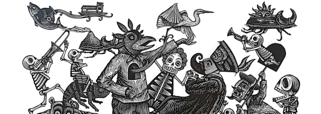 Black and white drawing of people, animal and skeleton spirit guides